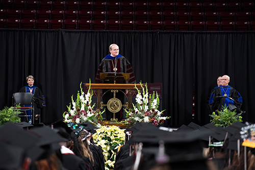 MSU President Mark E. Keenum speaks to graduates during MSU's fall 2021 commencement ceremonies at Humphrey Coliseum.