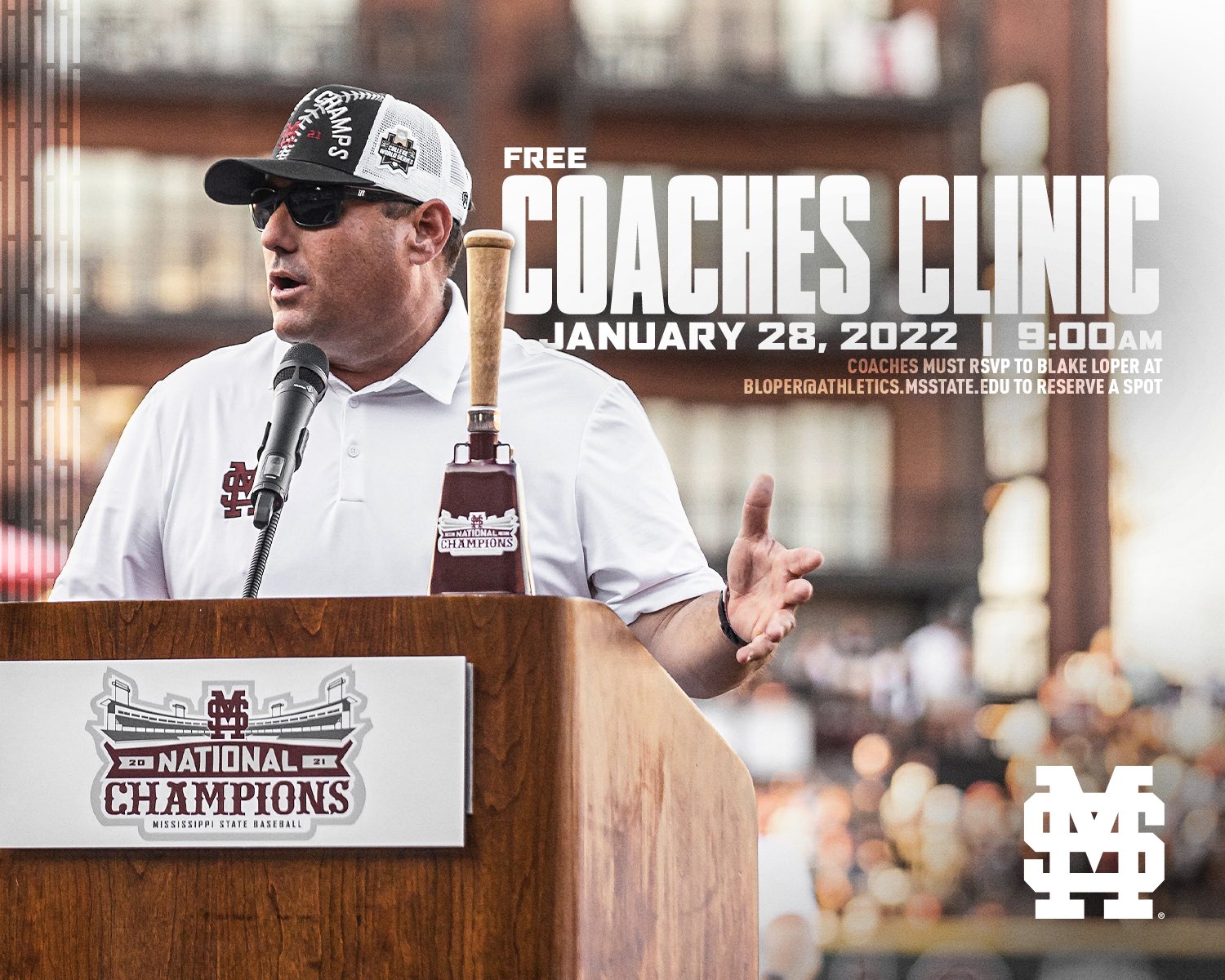 Free Coaches Clinic graphic with MSU Head Baseball Coach Chris Lemonis speaking at a podium on Dudy Noble Field