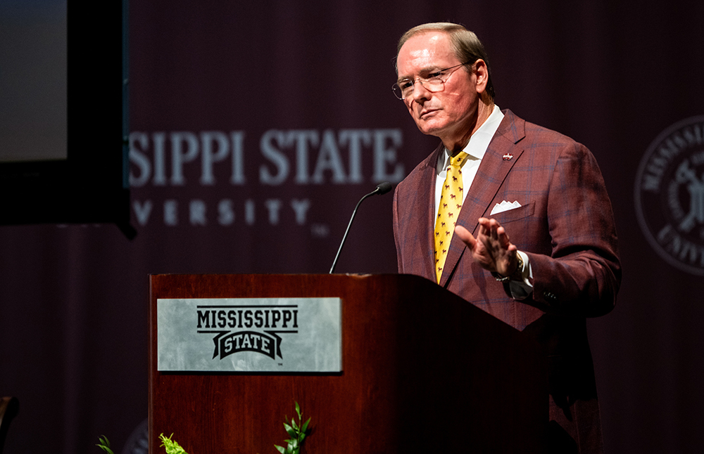 MSU President Mark E. Keenum delivers remarks during the 2023 Fall General Faculty Meeting