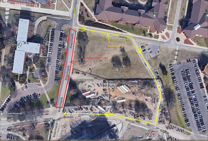 Map showing a temporary closure for both lanes of George Perry St.