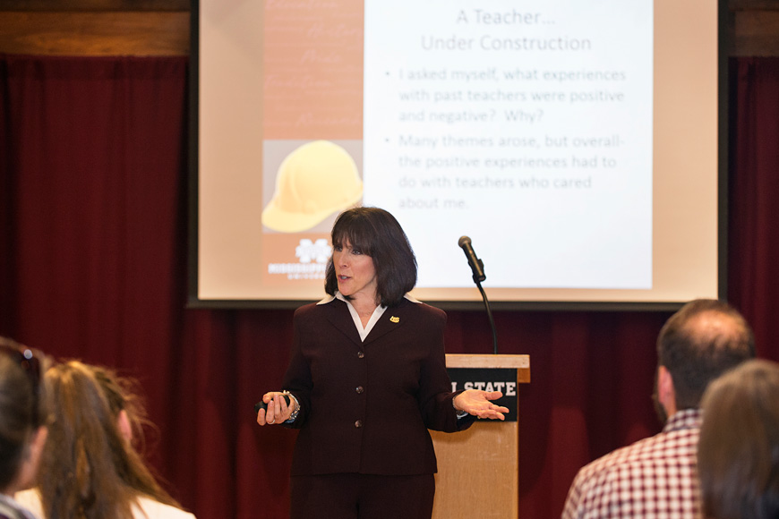 As part of her formal presentation earlier this week as a new John Grisham Master Teacher, MSU communication instructor Karyn L. Brown demonstrated how small efforts in the classroom often can help teachers make a large impact in their students’ lives. (Photo by: Beth Wynn)