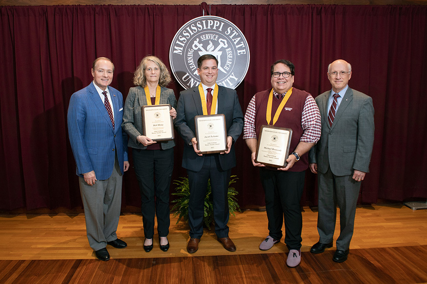 MSU President Mark E. Keenum, left, and MSU Provost and Executive Vice President David Shaw, right, are pictured with the university’s 2022 John Grisham Master Teacher Award recipients Deb Mlsna, Jacob Tschume and Mike Breazeale. 