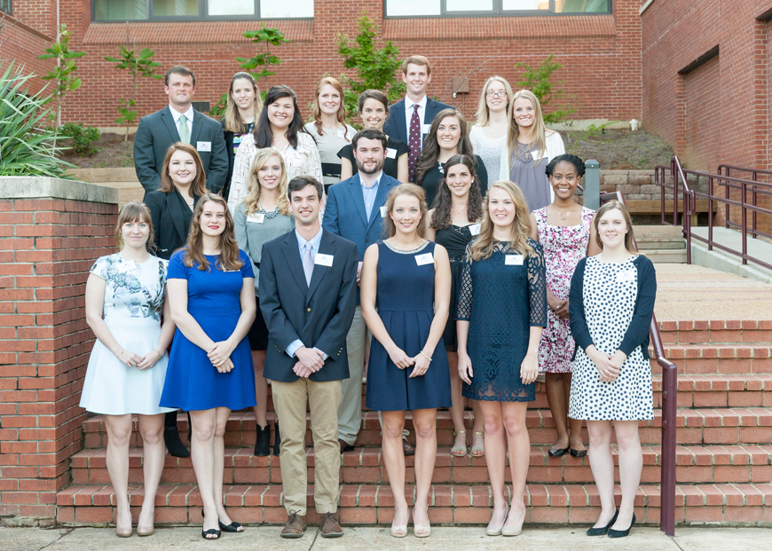 MSU’s 2016 Society of Scholars class includes: (front, l-r) Lien Van Geel, Sarah K. Kleinwechter, Adam C. Niolet, Amy E. Pate, Jenny M. Cox, Emily M. Farrar, (second row, l-r) Hannah V. Warren, Logan Chaney, Zachary J. Warren, Cornelia Griesche, Natalie M. Jones, (third row, l-r) Sarah A. Jolly, Julie E. Nott, Caroline Collins, Terah Winborne, (back, l-r) Ridgeland Clay Dabbs, Megan E. Spade, Madison L. Buras, Robert S. Billingsley, and Christine N. Mazzola. Not pictured is John F. Bathon. (Photo by Robert Lewis)