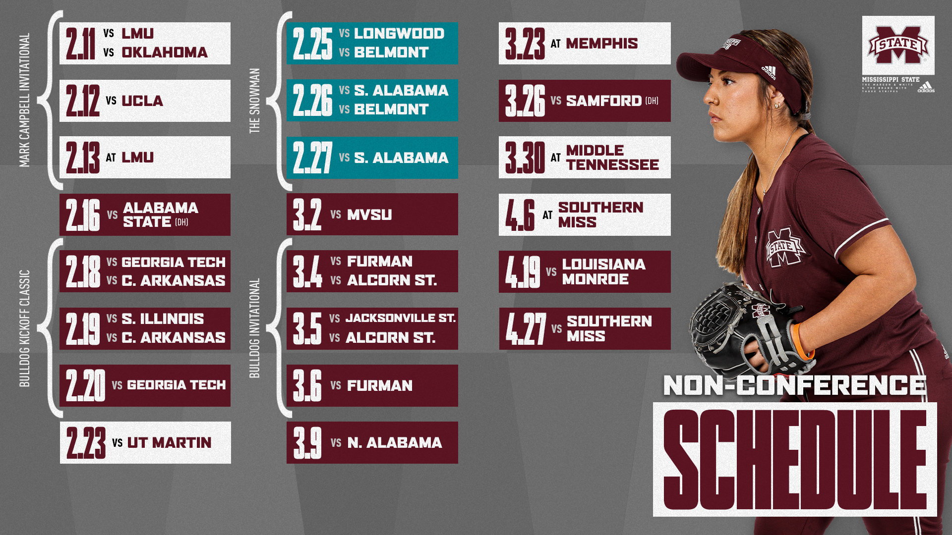 Maroon, white, gray and teal graphic with image of an MSU softball player and dates for MSU Softball's 2022 non-conference games