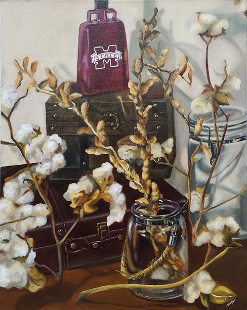 An oil painting of a Mississippi State cowbell resting on top of a brown box on a table covered in glass jars of cotton