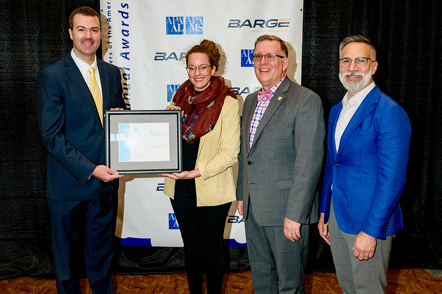 Community Planner and Architect Anne Welch, second from left, accepts the Best Public Outreach Award on behalf of Mississippi State’s Fred Carl Jr. Small Town Center during the recent Joint Alabama-Mississippi Conference. Presenting the award are American Planning Association Mississippi Chapter President Thomas Gregory, left, with APA Board President Kurt Christiansen and APA CEO Joel Albizo. 