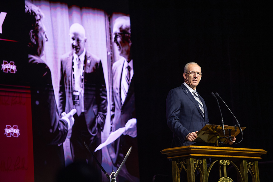 SEC Commissioner Greg Sankey speaks during the memorial service for Mike Leach.