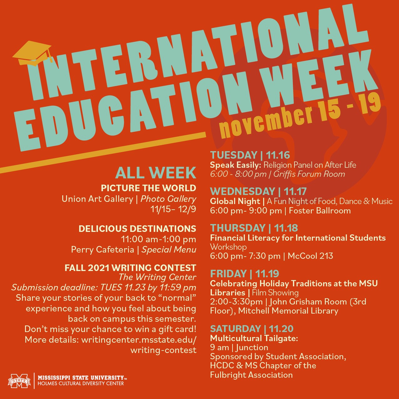 Orange graphic with information about International Education Week activities at MSU