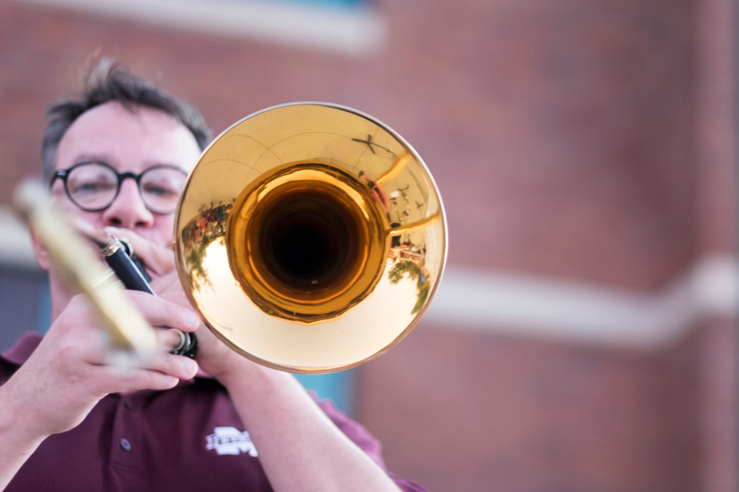 Mississippi State Associate Professor of Music Richard Human plays trombone at the Starkville-MSU Symphony Orchestra’s annual Jazz at Renasant concert last year. (Photo by Megan Bean)