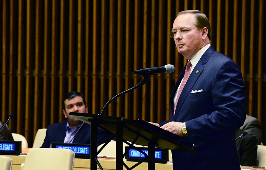 Mississippi State University President Mark E. Keenum spoke at the United Nations in New York in 2014 as part of a coalition of U.S. university presidents battling world hunger. (Photo by Jeffrey D. Etheridge / Auburn University)