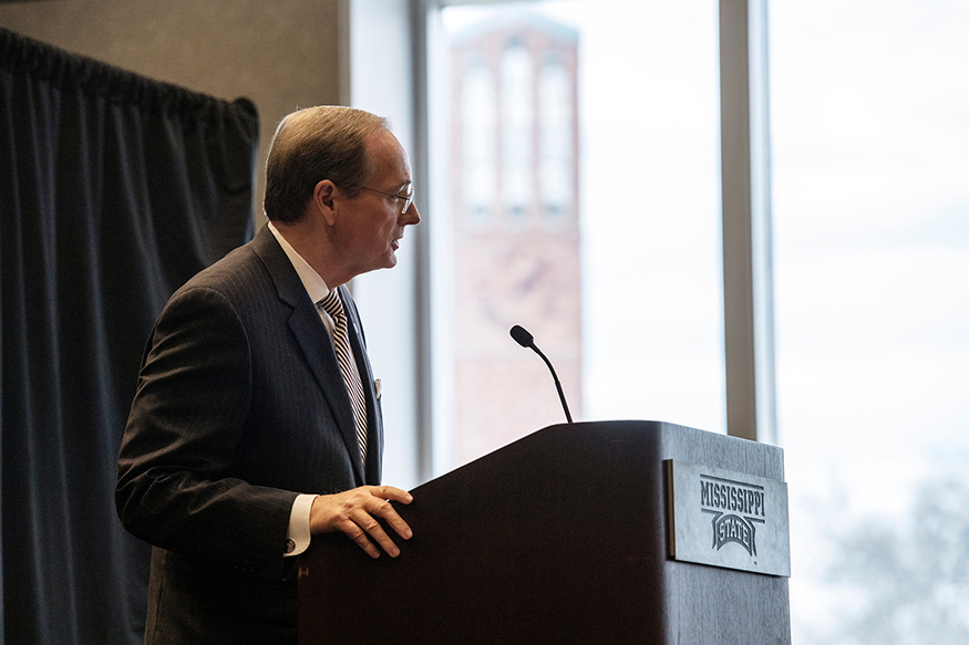 MSU President Mark E. Keenum speaks Feb. 14 during the 2023 Spring General Faculty Meeting 