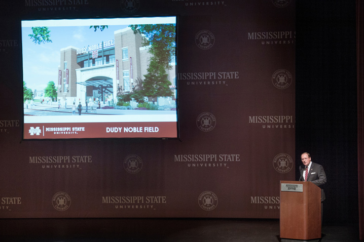MSU President Mark E. Keenum speaks at the fall general faculty meeting in Lee Hall’s Bettersworth Auditorium Aug. 29. (Photo by Megan Bean)