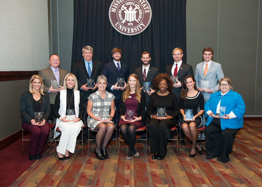 Graduating from MSU’s Leadership Excellence for Accomplished Professionals program are Jana Berkery (seated, l-r), Jordan Ramsey, Jodi Roberts, Amelia Treptow, Anne Skinner, Nicole Cobb and Shonda Cumberland; and Bart Prather (standing, l-r), Scott Kolle, Trey Harrison, Jacob Forrester, Hal Teasler and Doug Carpenter. (Photo by Russ Houston)