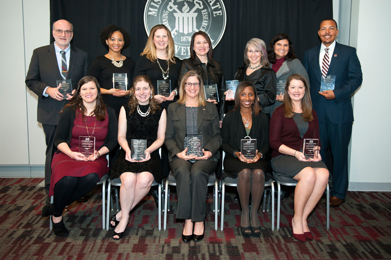 Graduates of the 2016 Leadership Excellence for Accomplished Professionals program at Mississippi State are (seated, l-r) Cheryl Woody, Natalie Smith, Cat Walker, Renata Roberts and Janna Sanford; and (standing, l-r) Phillip Akers, Ashley Gillespie, Katie Corban, Becky Bassett, Amanda Baine, Jennifer McPherson and Chris Pulliam. (Photo by Russ Houston)