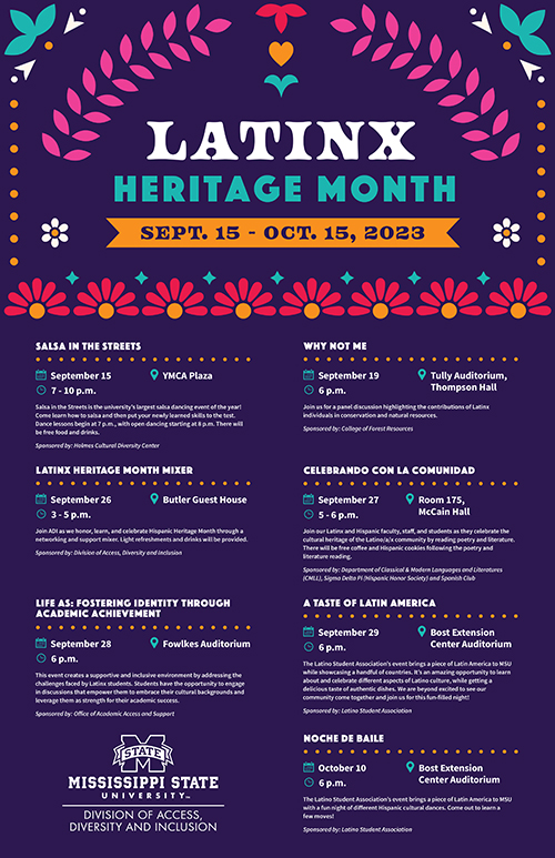 Latinx and Hispanic Heritage Month calendar of events poster