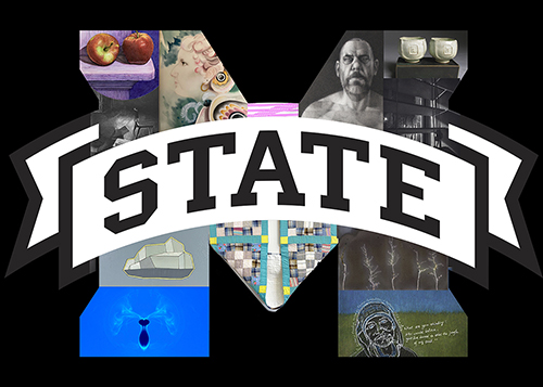 An M-State logo with art faculty pieces incorporated into the design.