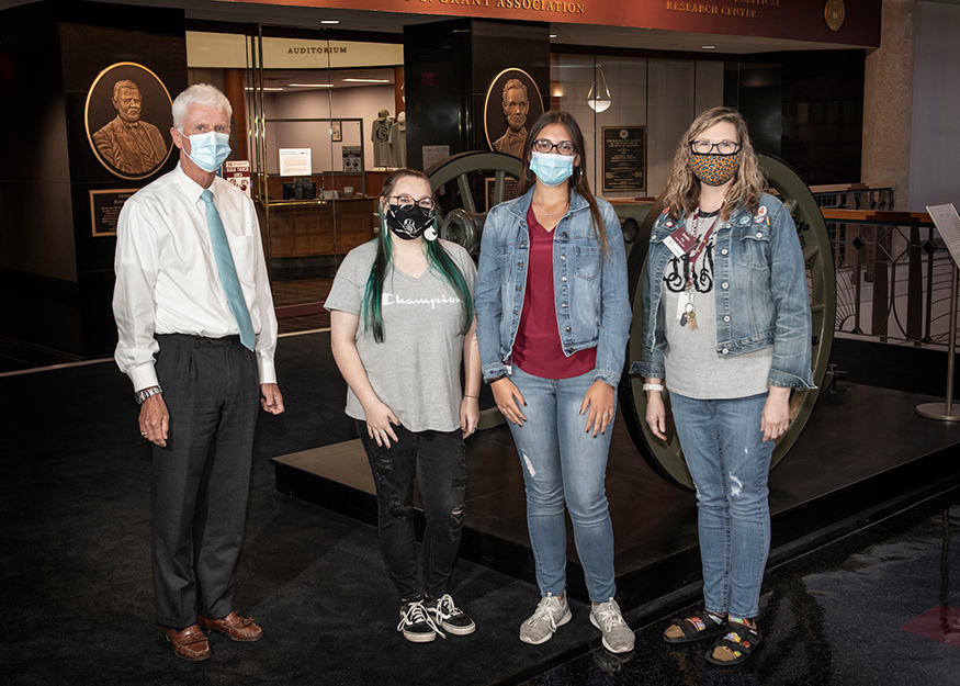 Pictured standing in front of MSU's Ulysses S. Grant Presidential Library are Peter Ryan, MSU associate provost for academic affairs and dean of the Graduate School; Shannon High School students Katelyn Grubbs and Alanna Arledge; and Shannon High School librarian Jennifer King.