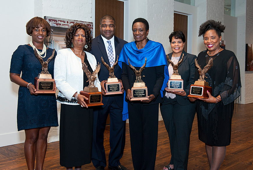 The Mississippi State University Office of Institutional Diversity and Inclusion honored six alumni and faculty for their achievements during an empowerment dinner Thursday [Aug. 27] in the Mill at MSU Conference Center as part of the Men and Women of Color Summit. From left are Camille Scales Young, Linda Cornelious, Albert J. Williams, Sebetha Jenkins, Marilyn Crouther and Wanda Williams. The summit continued with a full day of educational sessions Friday [Aug. 28]. (Photo by Russ Houston)