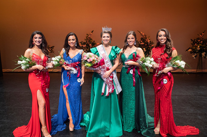 Mississippi State University senior Madeleine Thompson, center, is Miss Maroon and White for 2023. Other students honored include, left to right, fourth runner-up Adyson Poole; second runner-up Chloe Carter; first runner-up Claire Farmer; and third runner-up Meredith Adams.