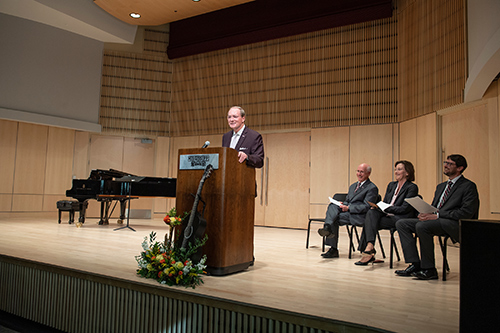 MSU President Mark E. Keenum speaks during the Music Building Ribbon Cutting