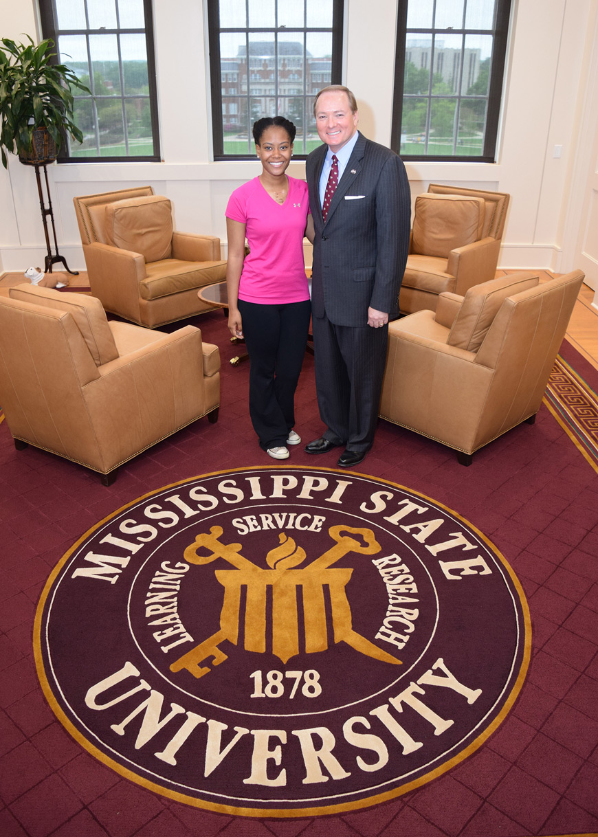 MSU President Mark E. Keenum congratulates Natalie M. Jones on becoming the 18th MSU student to earn the Truman Scholarship, the nation’s most prestigious scholarship for students dedicated to public service. (Photo by Leilani Salter)