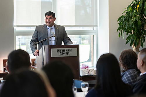 Mississippi Band of Choctaw Indians Tribal Leader Cyrus Ben speaks at a podium.