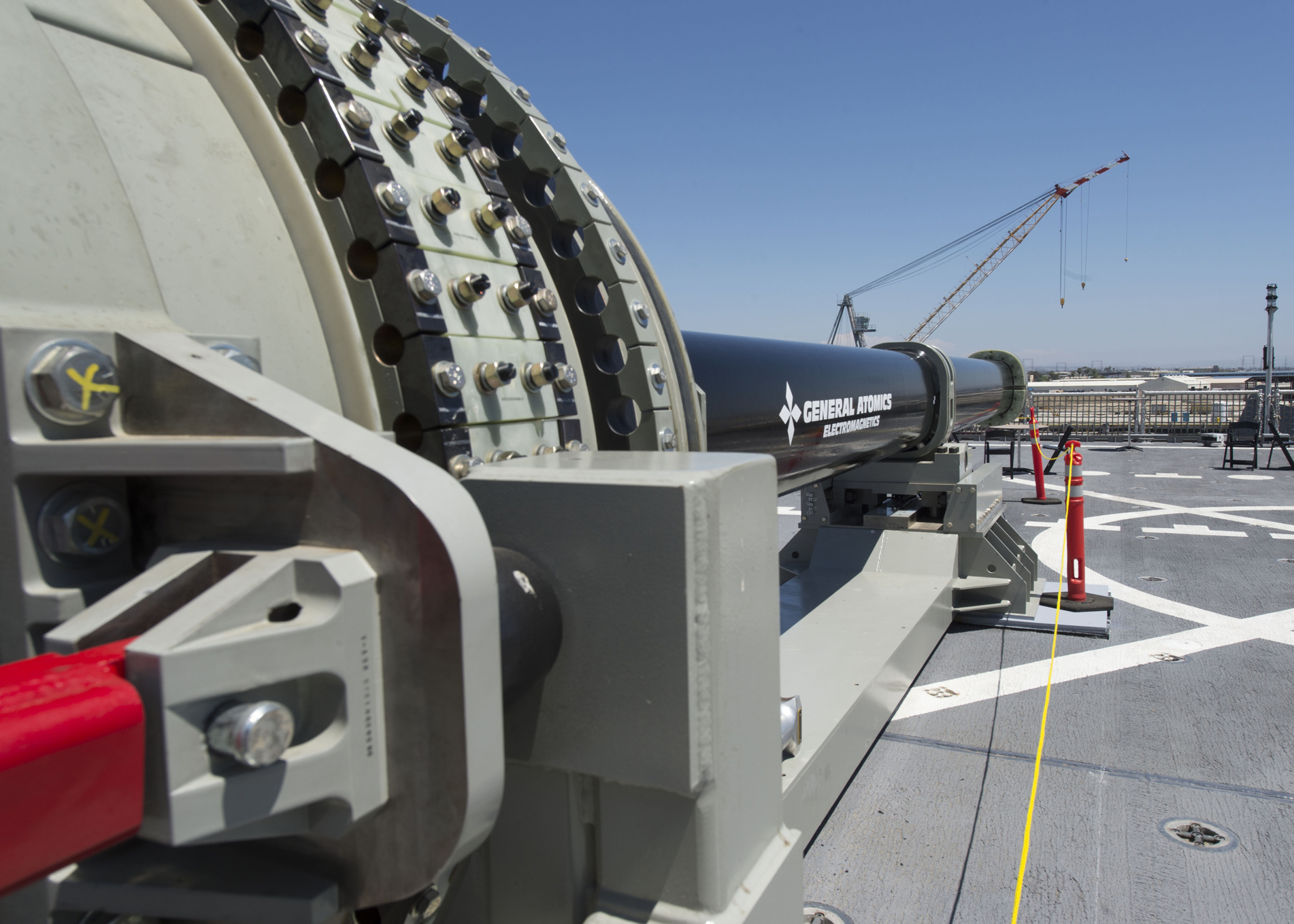 Researchers at MSU’s Center for Vehicular Systems are designing control systems that will allow an all-electric Naval ship to transfer power to advanced weapons systems such as the Navy’s electromagnetic railgun, pictured on display aboard the USS Millinocket in port at Naval Base San Diego. (U.S. Navy Photo by Mass Communication Specialist 2nd Class Kristopher Kirsop/Released). 