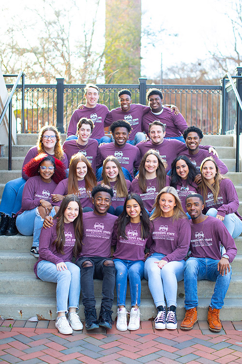 Group photo of MSU Orientation Leaders wearing maroon shirts