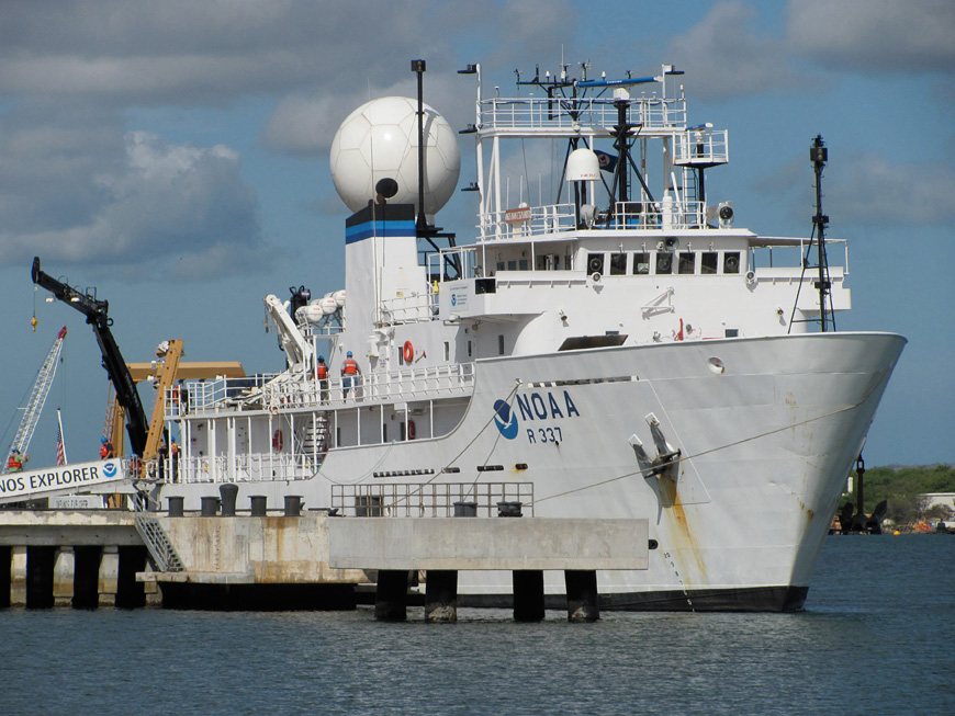 Regarded as “America’s Ship for Ocean Exploration,” the Okeanos Explorer is the only federally funded U.S. ship assigned to systematically explore the ocean for the purposes of discovery and advancement of knowledge. (Image courtesy of NOAA Office of Ocean Exploration and Research/ oceanexplorer.noaa.gov/okeanos/about.html)