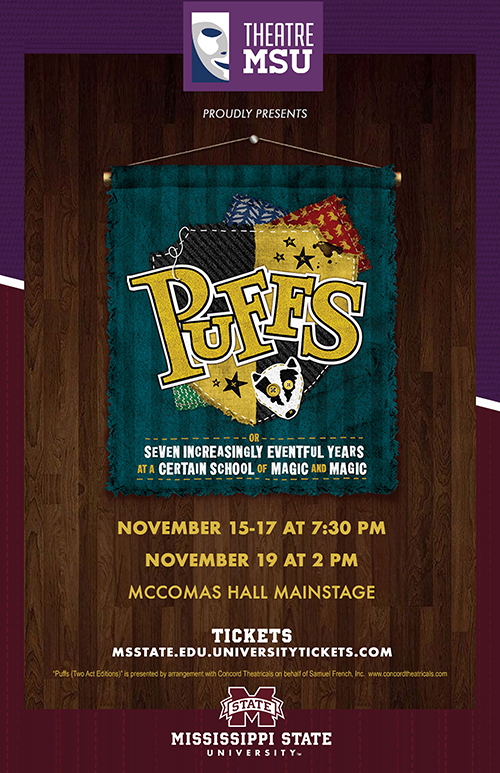 A graphic advertising Theatre MSU's production of "Puffs"