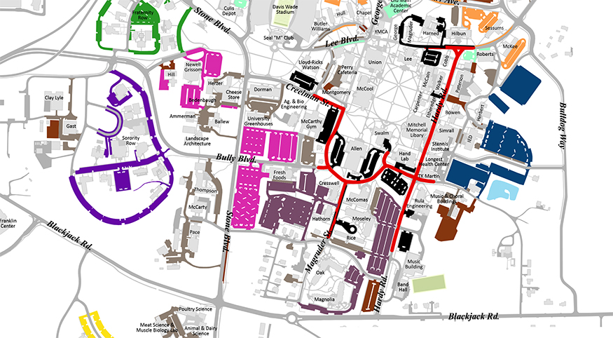A map detailing parking and roadway changes near the center of campus