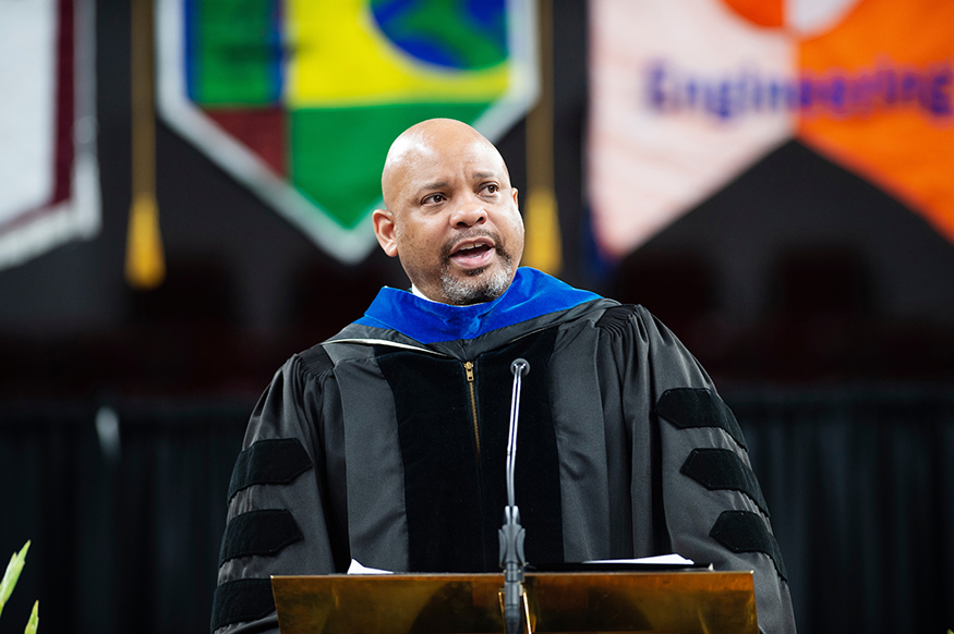 Mississippi Public Universities Commissioner of Higher Education Alfred Rankins Jr. encouraged more than 1,400 Mississippi State fall graduates to celebrate their accomplishments while moving forward with character and determination during commencement exercises Friday [Dec. 14] at Humphrey Coliseum. (Photo by Megan Bean)