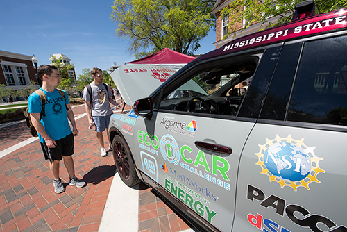 MSU EcoCAR is parked at the plaza outside Colvard Student Union.