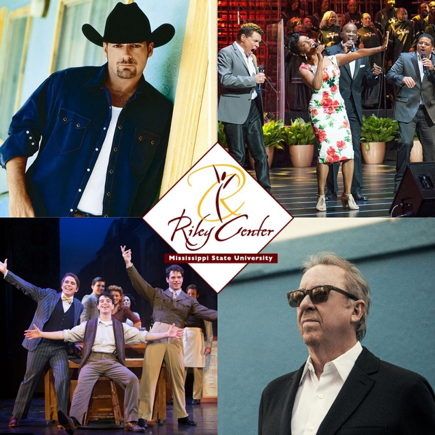 MSU Riley Center Spring/Summer 2022 promo graphic with images of Chris Cagle, "Georgia on My Mind" and "An American in Paris—The Musical" performers, and Boz Scaggs