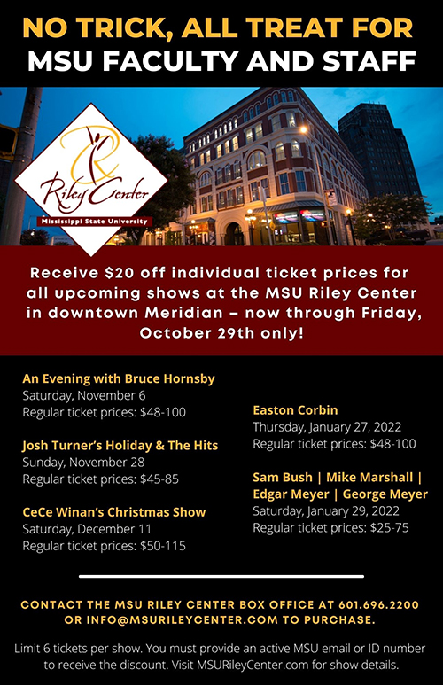 MSU Riley Center ticket promotion graphic with image of the Riley Center in downtown Meridian