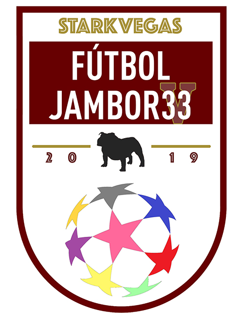 StarkVegas Fútbol Jamboree logo with maroon, gold and white lettering, a black bulldog and multi-colored stars