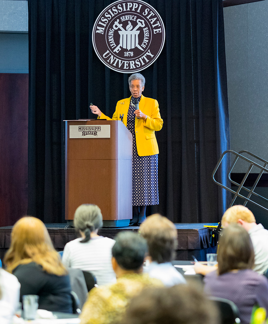 Saundra McGuire, retired assistant vice chancellor and professor of chemistry at Louisiana State University, addressed MSU faculty Nov. 5. Her presentation was filled with ideas to improve student learning that participating faculty can immediately incorporate into their classroom instruction. (Photo by Russ Houston)