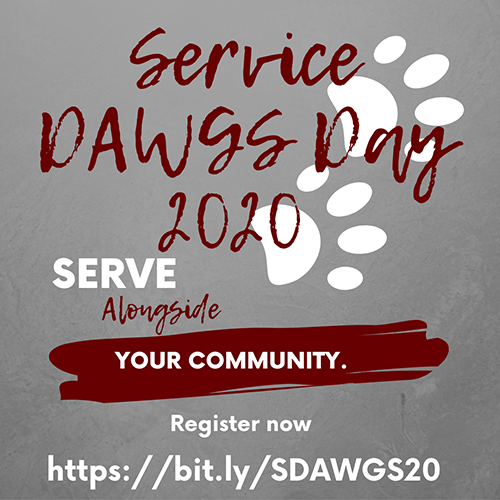 Maroon, white and gray graphic with white paw prints promoting Service D.A.W.G.S. Day
