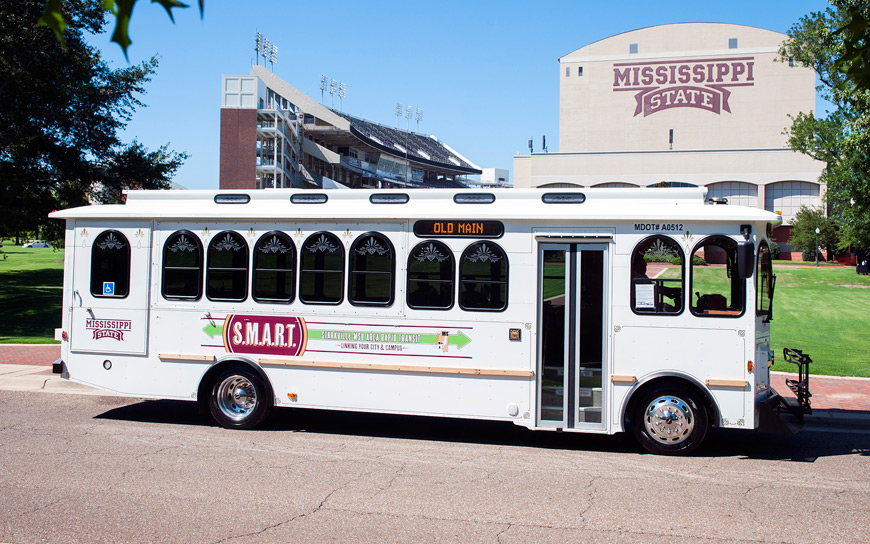 An Old Main Express Trolley is part of the transportation fleet that makes up the Starkville-MSU Area Rapid Transit, also known as S.M.A.R.T. system. S.M.A.R.T. is being recognized as Transportation System of the Year by the Mississippi Public Transit Association. (Photo by Russ Houston)