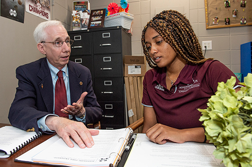 Supplemental Instruction candid Tom Carskadon, professor of psychology, and Amber Jackson, a senior chemical engineering major from Madisonville, Louisiana who served as student leader of Supplemental Instruction for Carskadon’s general psychology class this fall, met weekly to go over course content. (Photo by Logan Kirkland)