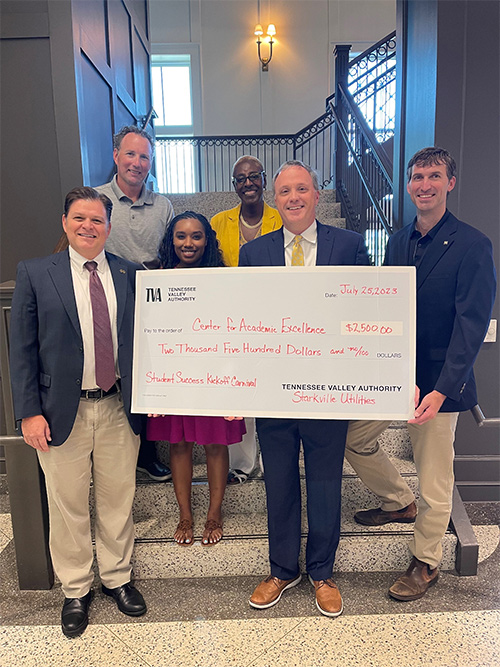 Pictured (l-r, front row) MSU Assistant Vice President for Student Success Eric Moyen; Student Success Coordinator Shandell Lewis; Center for Academic Excellence Executive Director Clay Armstrong; TVA Customer Service Manager Josh Wooten; (back row) Starkville Utilities General Manager Edward Kemp; and TVA Community Relations Specialist Carolyn Ward. 