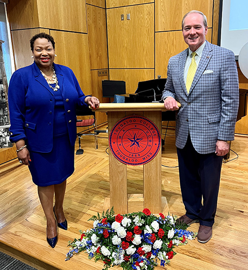 Tougaloo College President Carmen J. Walters and Mississippi State University President Mark E. Keenum are pictured on the occasion of signing a memorandum of understanding to expand academic and research partnerships between the two institutions. 