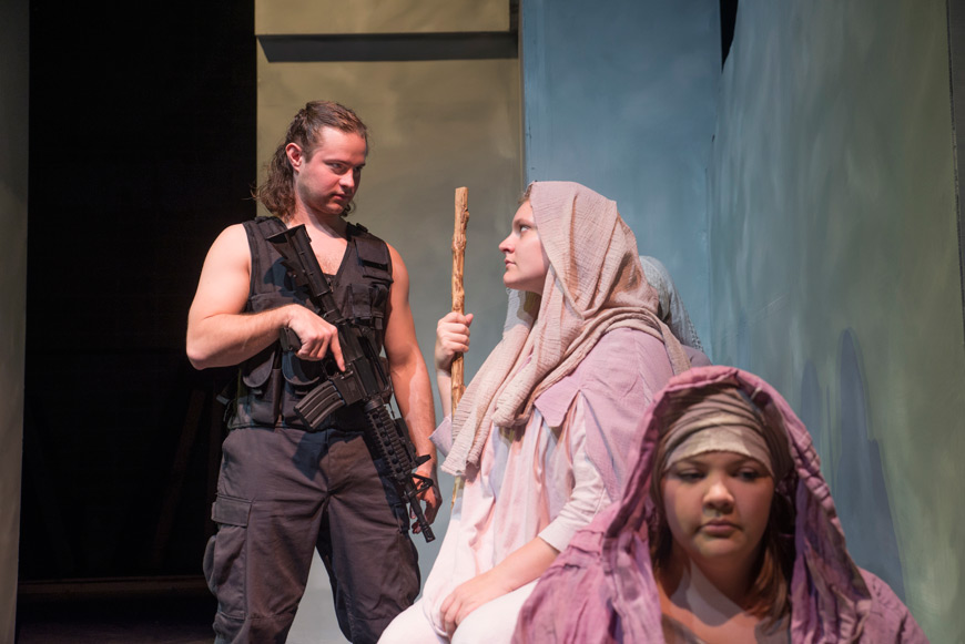 J.T. Miller (from left) as Talthybius and Aubrey Flanagan as Queen Hecuba are among the main characters, while Alyssa Rulewicz is part of the chorus in “The Trojan Women,” a Theatre MSU production taking place Wednesday-Friday [Nov. 11-13] at 7:30 p.m. and Sunday [Nov. 15] at 2:30 p.m.  (Photo by Sarah Tewolde)