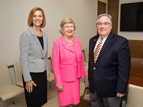 Administrators from Mississippi State University and the University of Mississippi met today to discuss a new, innovative partnership. The Freshman Early Entry Program allows MSU first-year pre-nursing students to be admitted to the University of Mississippi Medical Center Bachelor of Science in Nursing program. Shown are, from left, Kim Hoover, UM School of Nursing dean and professor; Judy Bonner, MSU provost and executive vice president; and Dr. Ralph Didlake, UMMC associate vice chancellor for academic affairs and chief academic officer. (Photo submitted)