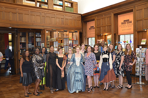 On display through Oct. 22 at the Lauren Rogers Museum of Art in Laurel, the “Who, What, Wear?” collaborative exhibition features costume recreations and original designs displayed next to works of art and research by students from Mississippi State and the University of Southern Mississippi. Pictured are, from left to right, Phyllis Bell Miller, retiring MSU professor of fashion design and merchandising, MSU students Neshelle Gilbert, Alicia Lemons and Candace Wheeler, Lauren Rogers Museum of Art curator Kristen Miller-Zohn, USM student Jacquelyn Loy, MSU students Heather Pace and Jennifer McFadden, USM costume shop supervisor Kelly James-Penot, MSU students Mackenzie Dunn, Dion Coleman, Kelly Byrd, Katye Drew and Haylee Upton, and Lori Neuenfeldt, MSU art instructor and gallery director. (Submitted photo/by Charles Freeman)