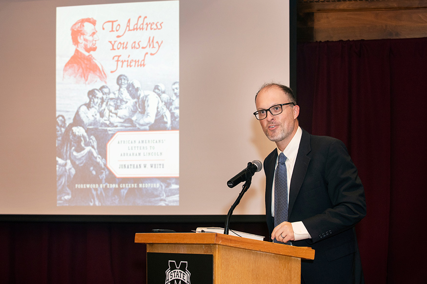 Jonathan W. White speaks during MSU’s fourth annual Frank and Virginia Williams Lecture on Lincoln and Civil War Studies.