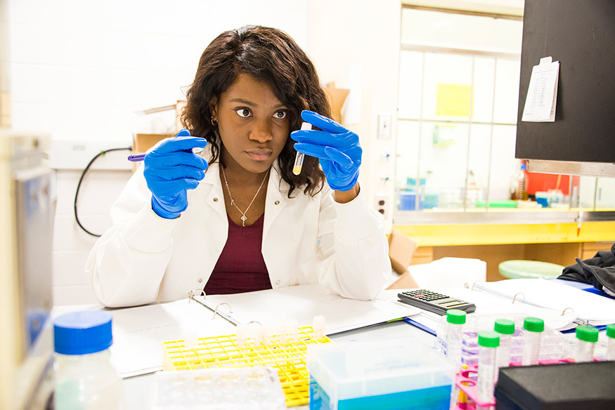 A young woman looks at test tubes in a biochemistry lab.