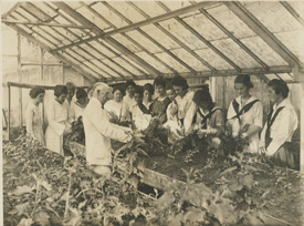 Early black and white photo of MSU students learning about agriculture.