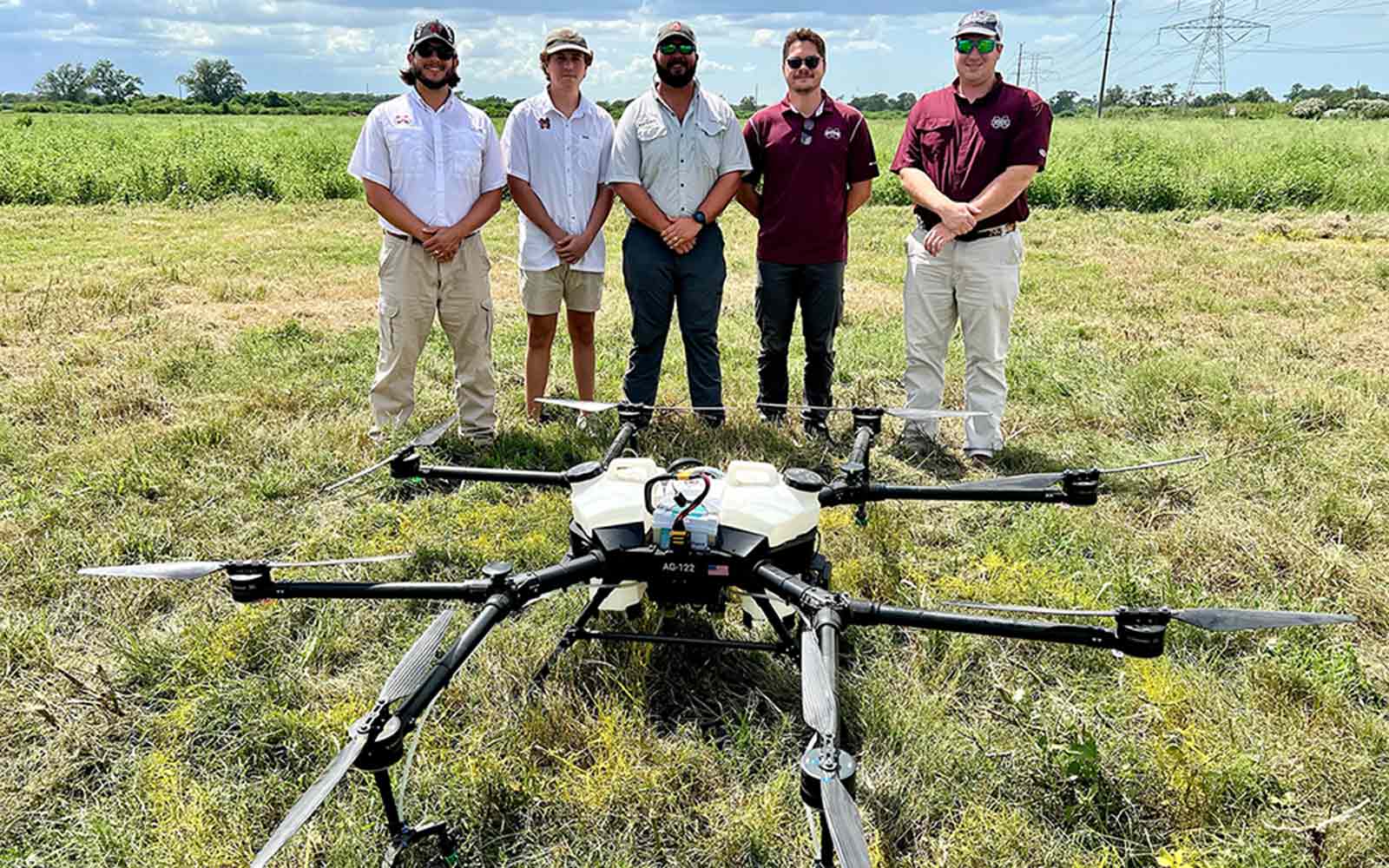 MSU Flight Training at Hylio, Inc. in Richmond, Texas this month. From left, Madison Dixon, the university’s AAI associate director; Watson Burch, AAI undergraduate research assistant; Will Rutland, extension associate II; Antonio Taveres, plant and soil sciences doctoral candidate and James Ikerd, AAI graduate research assistant. (Photo Submitted) 