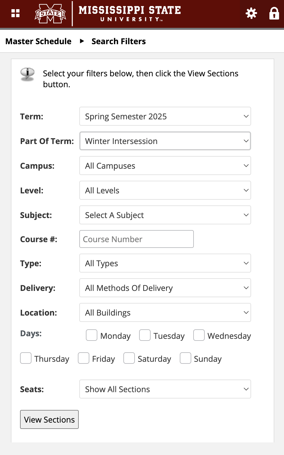 Master Schedule Filer Options